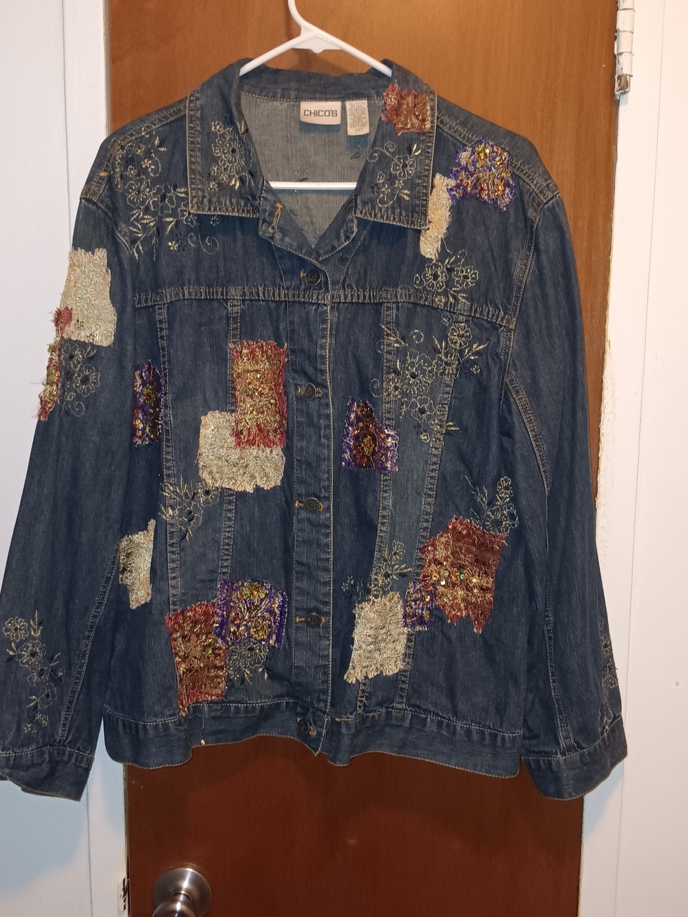 Chico's Embellished Denim Jacket - Multicolor Patchwork